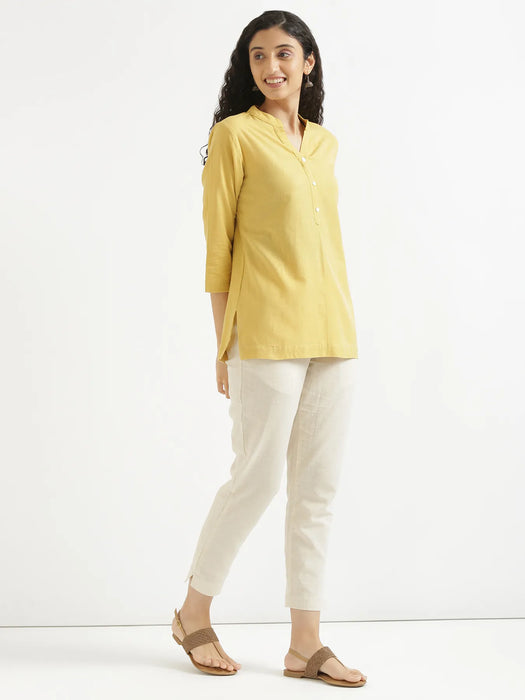 Women Yellow Airy Linen Short Kurta & Beige Cotton Pant Set