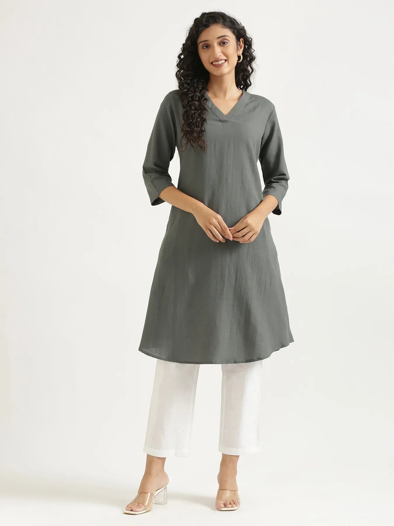 Women German Grey Flowy Linen A-Line Long Kurta