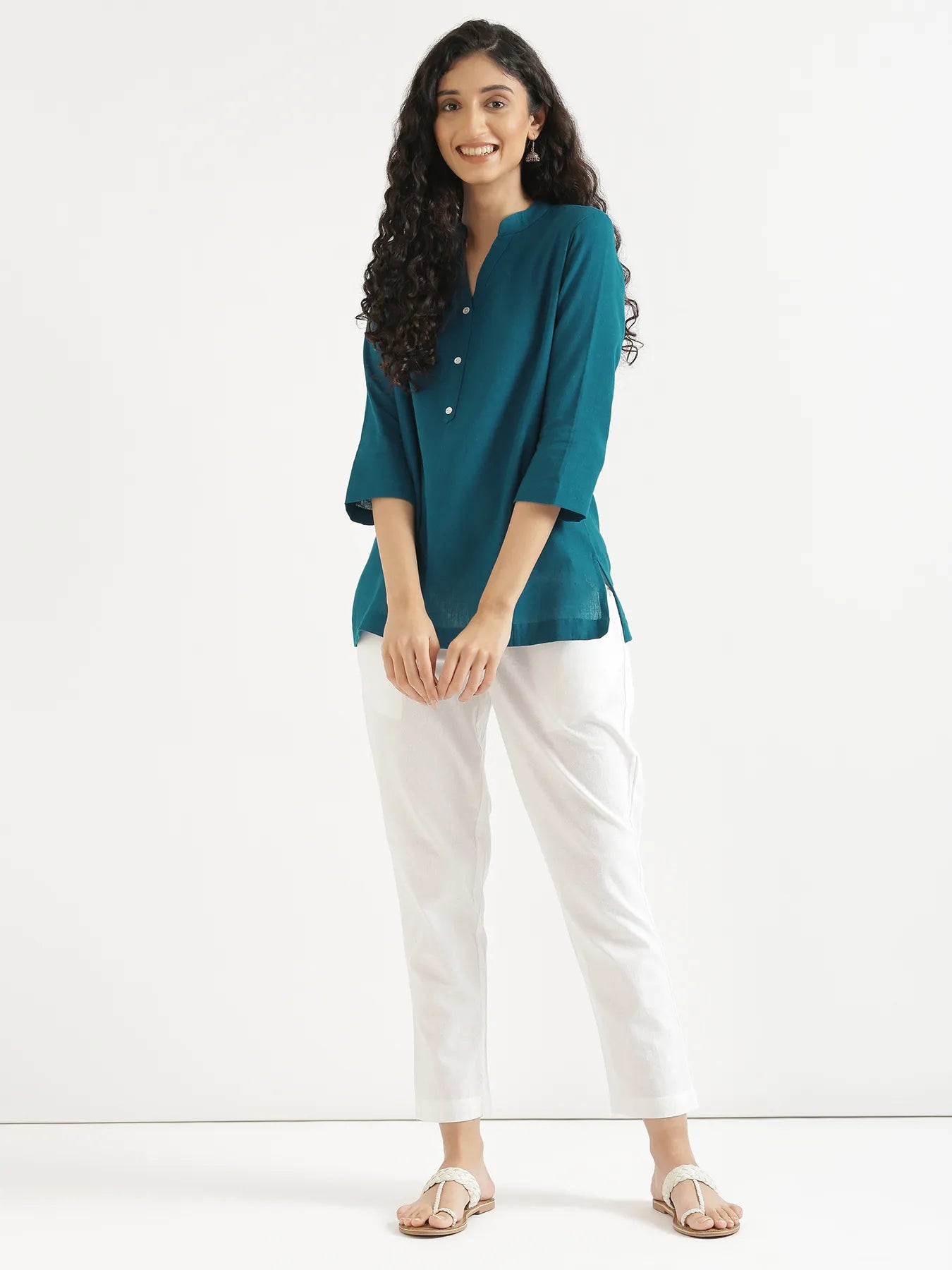 Women Turquoise Airy Linen Short Kurta