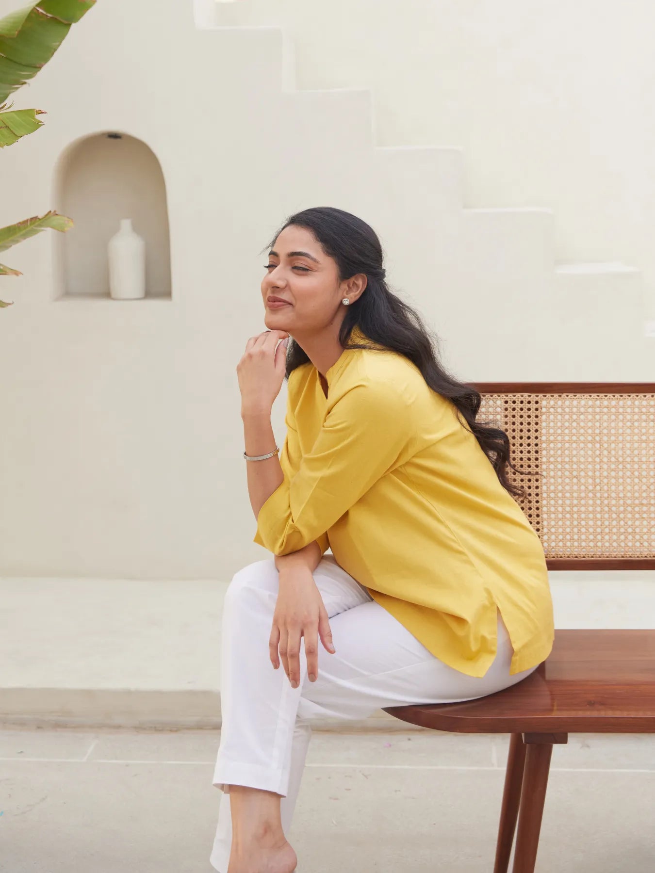Yellow Short Kurta with White Cotton Pant