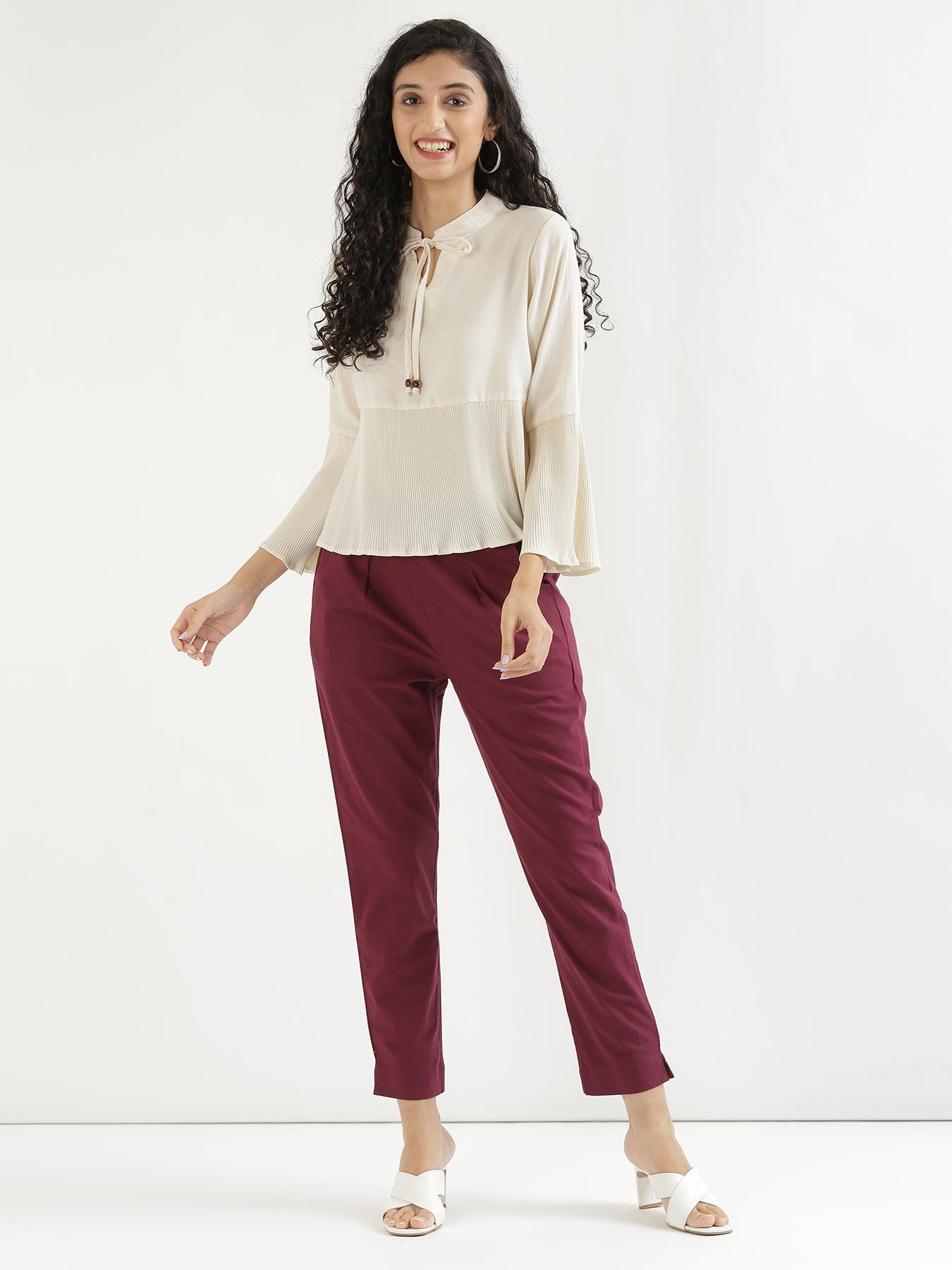 Ecru Short Kurta with Wine Cotton Pant