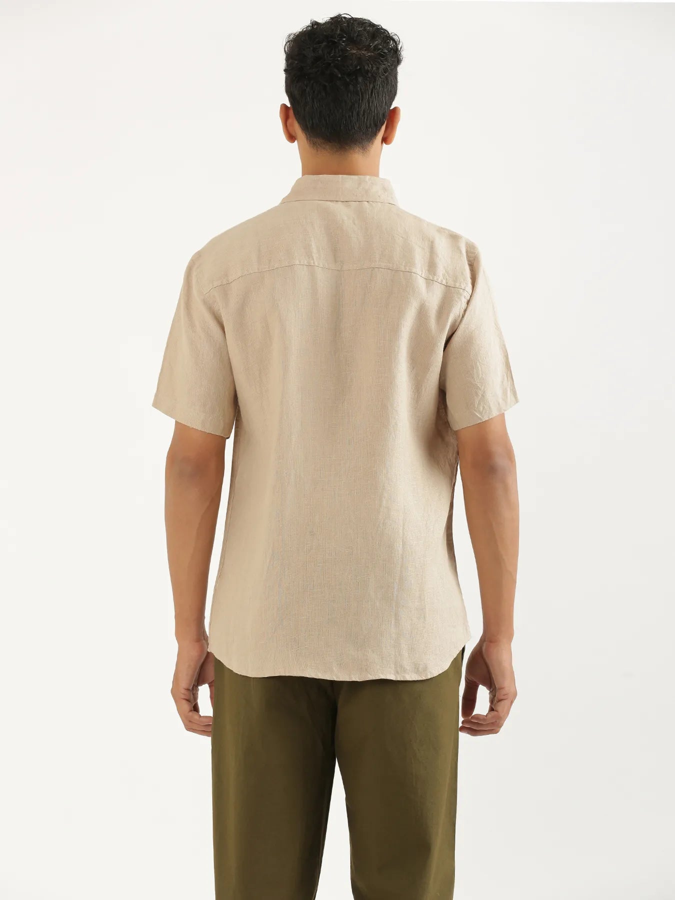 Men Taupe Pure Linen Short Sleeve Shirt