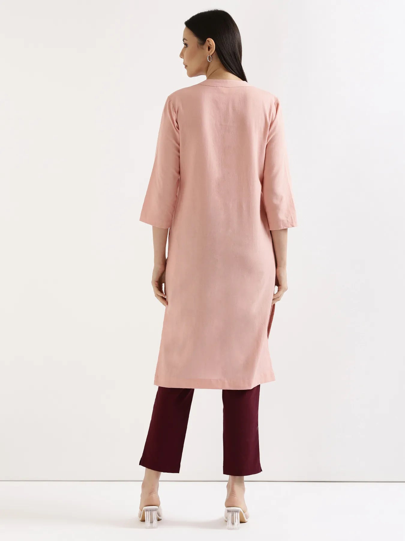Women Salmon Pink Airy Linen Long Kurta