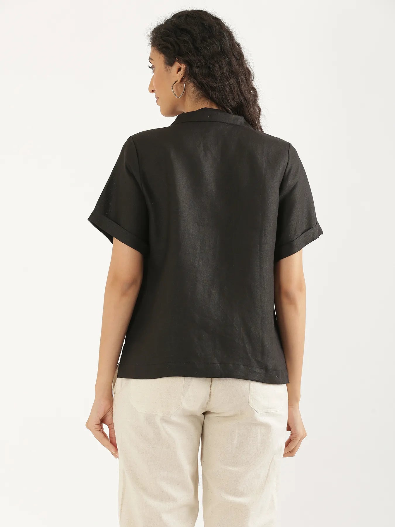 Women Black Pure Linen Notch Collar Shirt