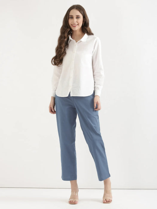 Women English Blue Airy Linen Straight Pants