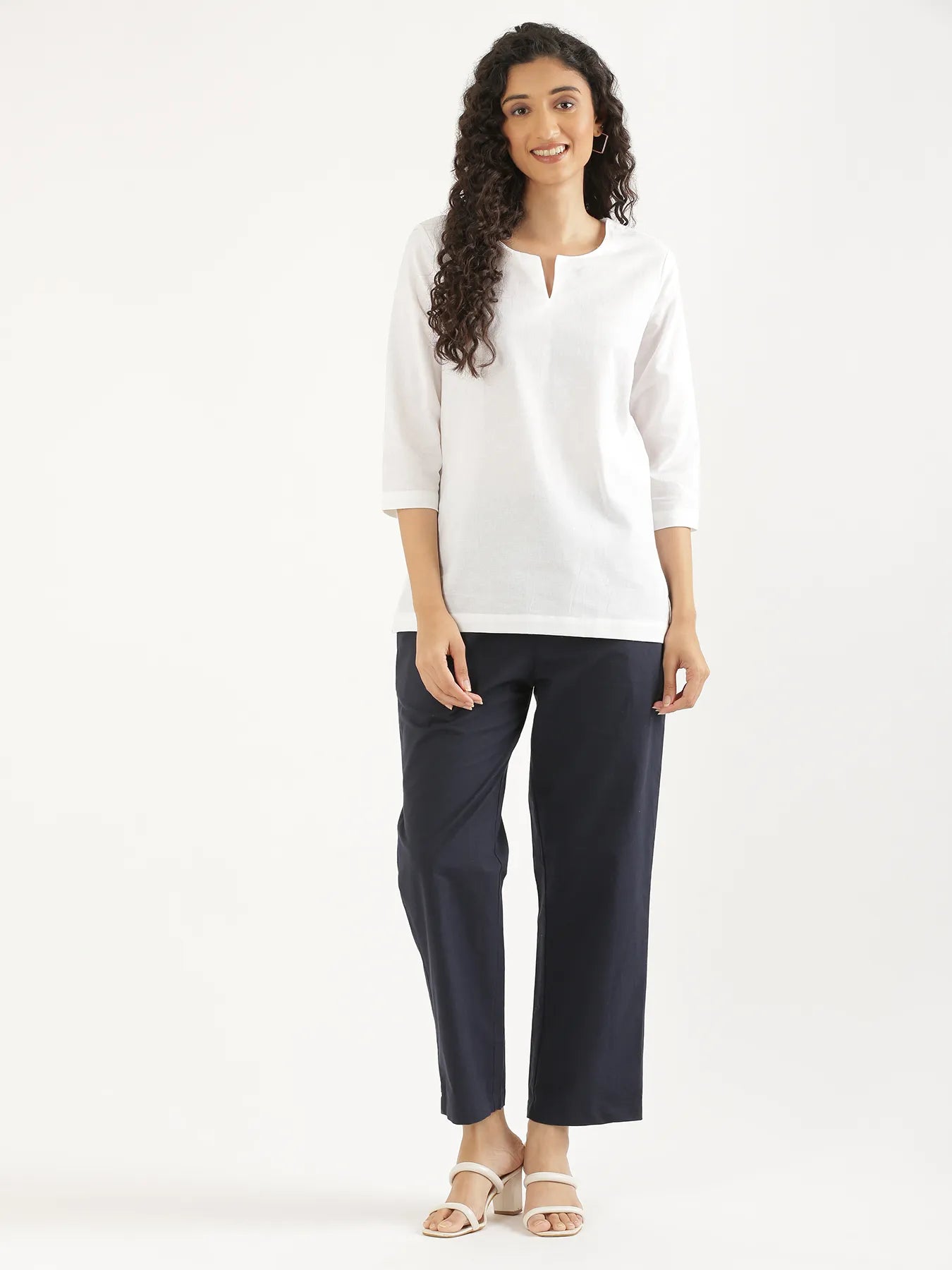 Women Navy Blue Cotton Straight Pant