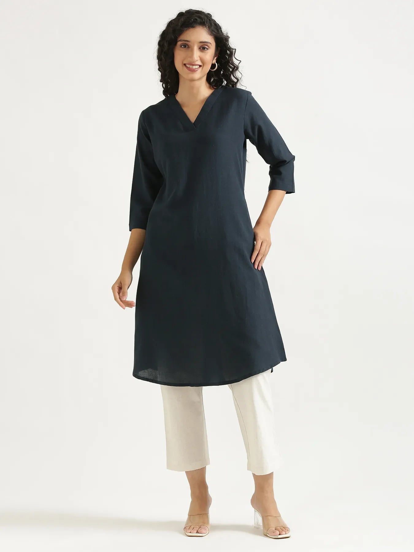 Women Navy Blue Flowy Linen A-Line Long Kurta