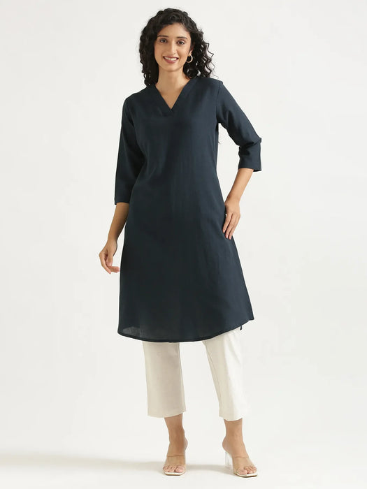 Women Navy Blue Flowy Linen A-Line Long Kurta