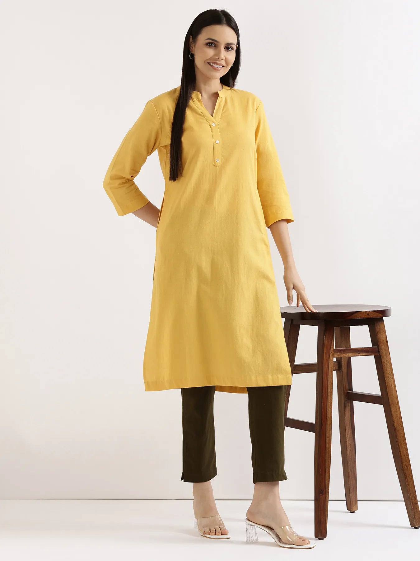 Women Yellow Airy Linen Long Kurta