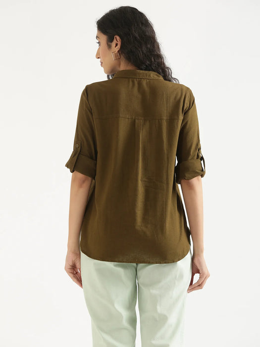 Women Olive Green Airy-Linen Shirt