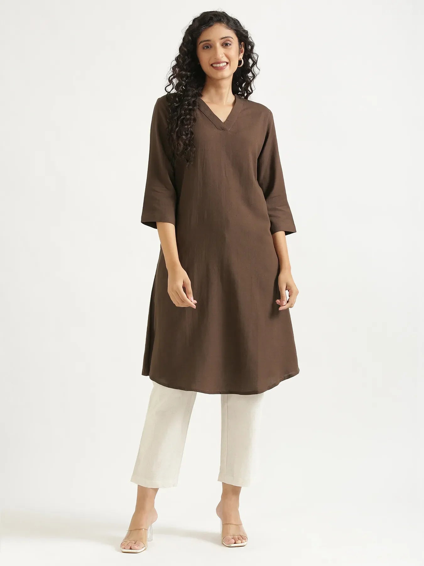 Women Dark Brown Flowy Linen A-Line Long Kurta
