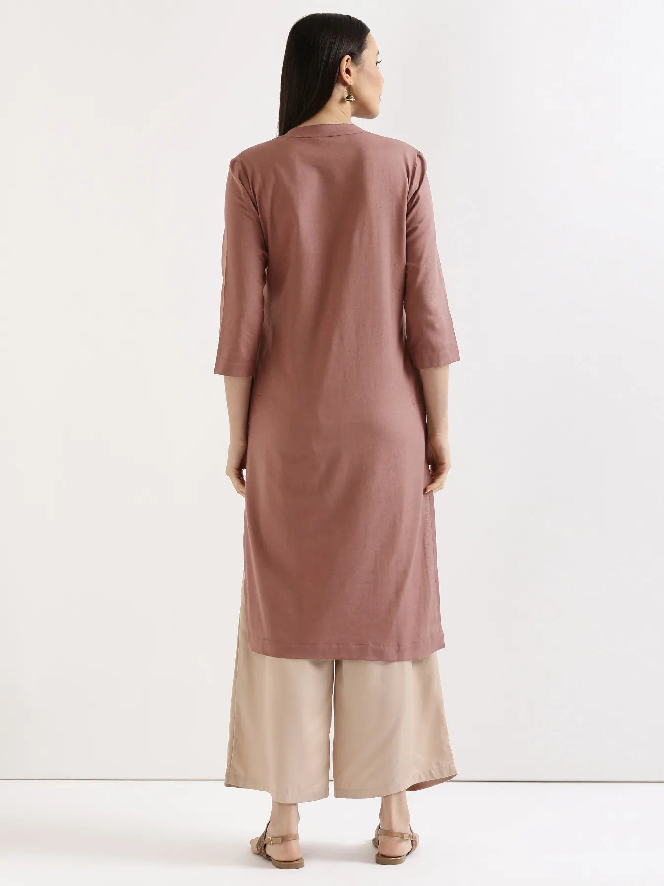 Women Rose Taupe Airy Linen Long Kurta & Beige Viscose Palazzo Pant Set