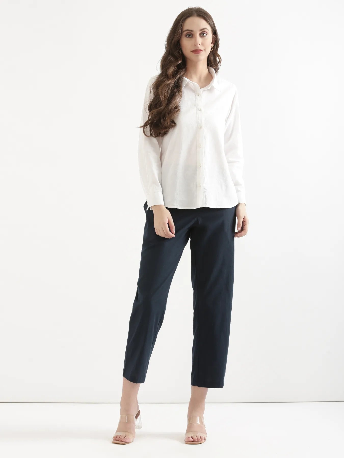 Women Navy Blue Airy Linen Straight Pant