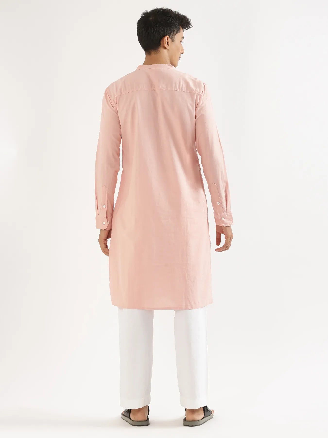 Men Salmon Pink Airy Linen Long Kurta