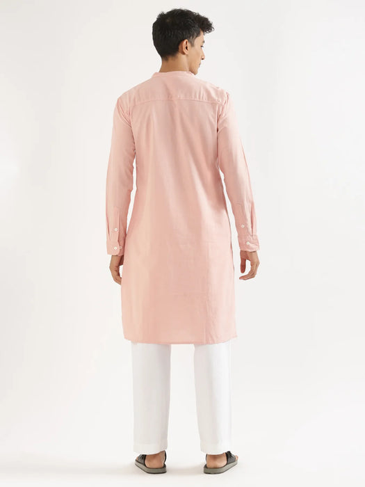 Men Salmon Pink Airy Linen Long Kurta