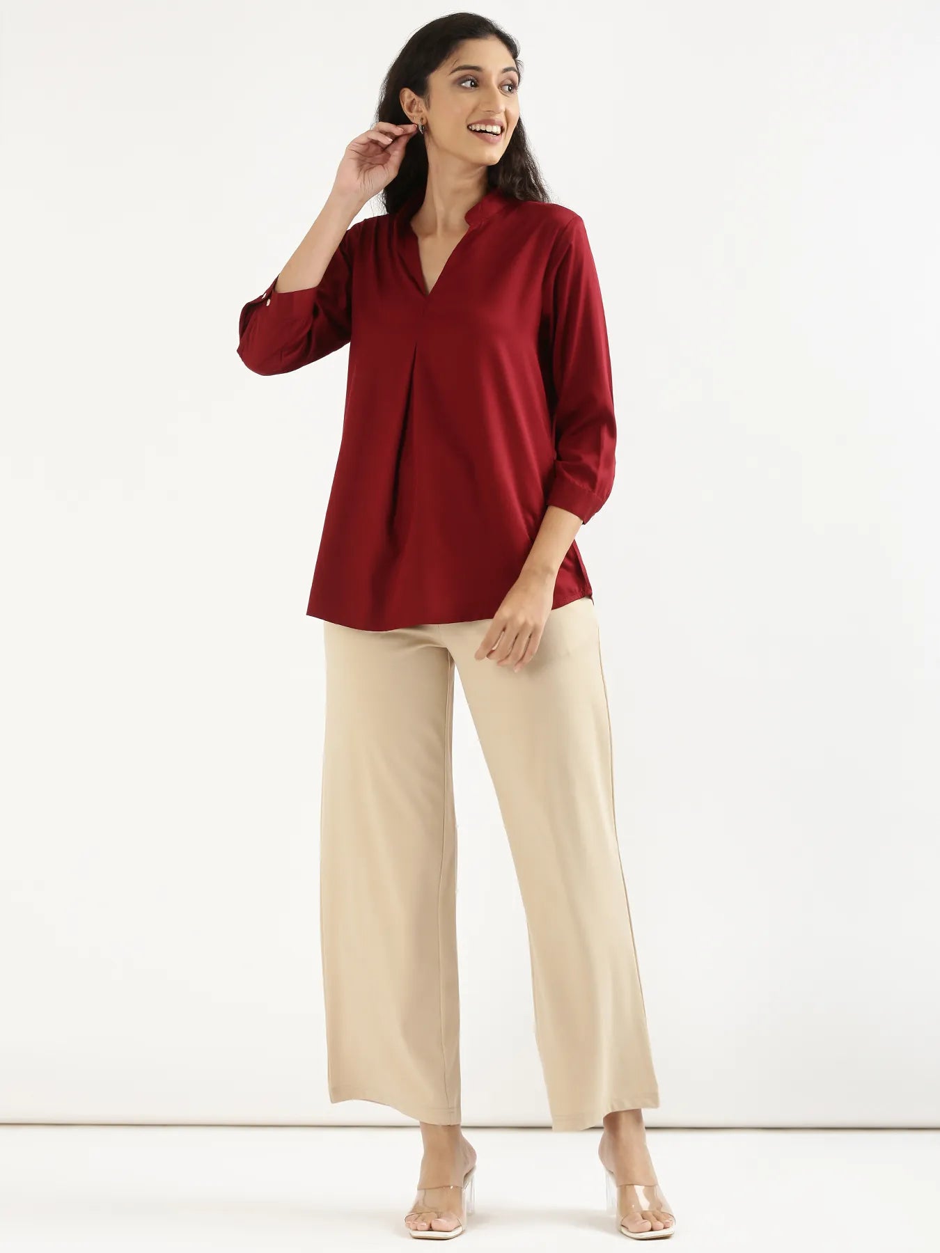 Women Maroon Viscose Pleated Top