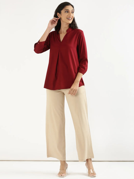 Women Maroon Viscose Pleated Top