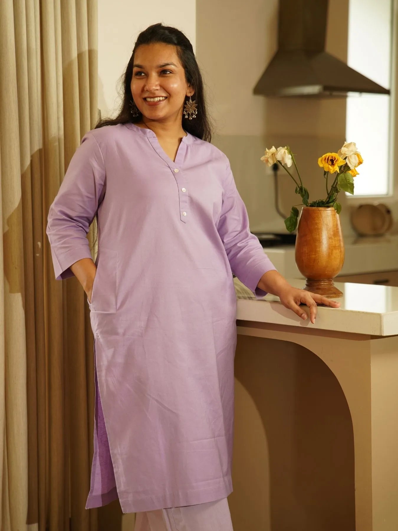 Lilac Airy Linen Long Kurta Co-ord Set