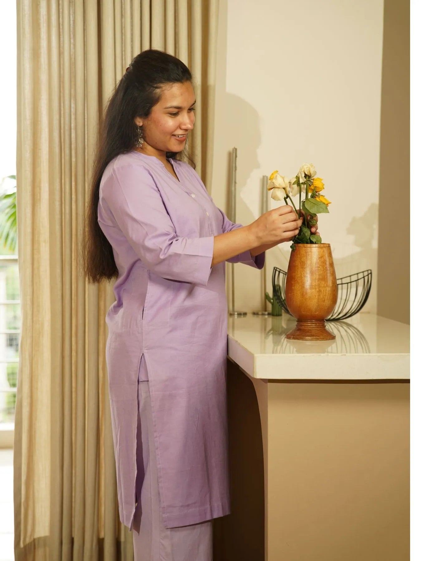 Lilac Airy Linen Long Kurta Co-ord Set