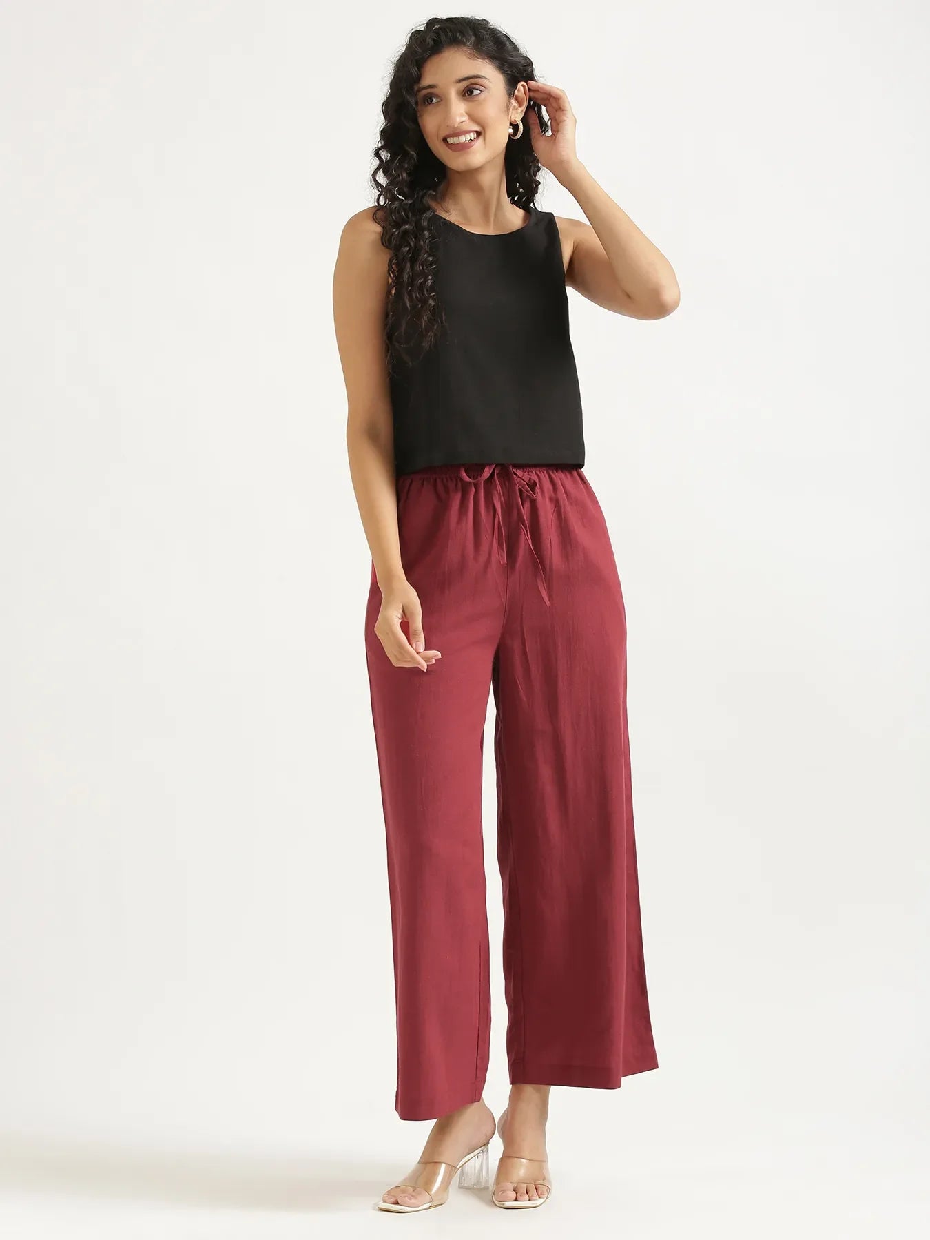 Women Maroon Flowy Linen Wide Leg Pants