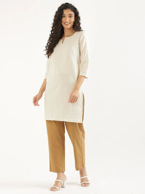 Women Ecru Airy Linen Mid Thigh Length Kurta