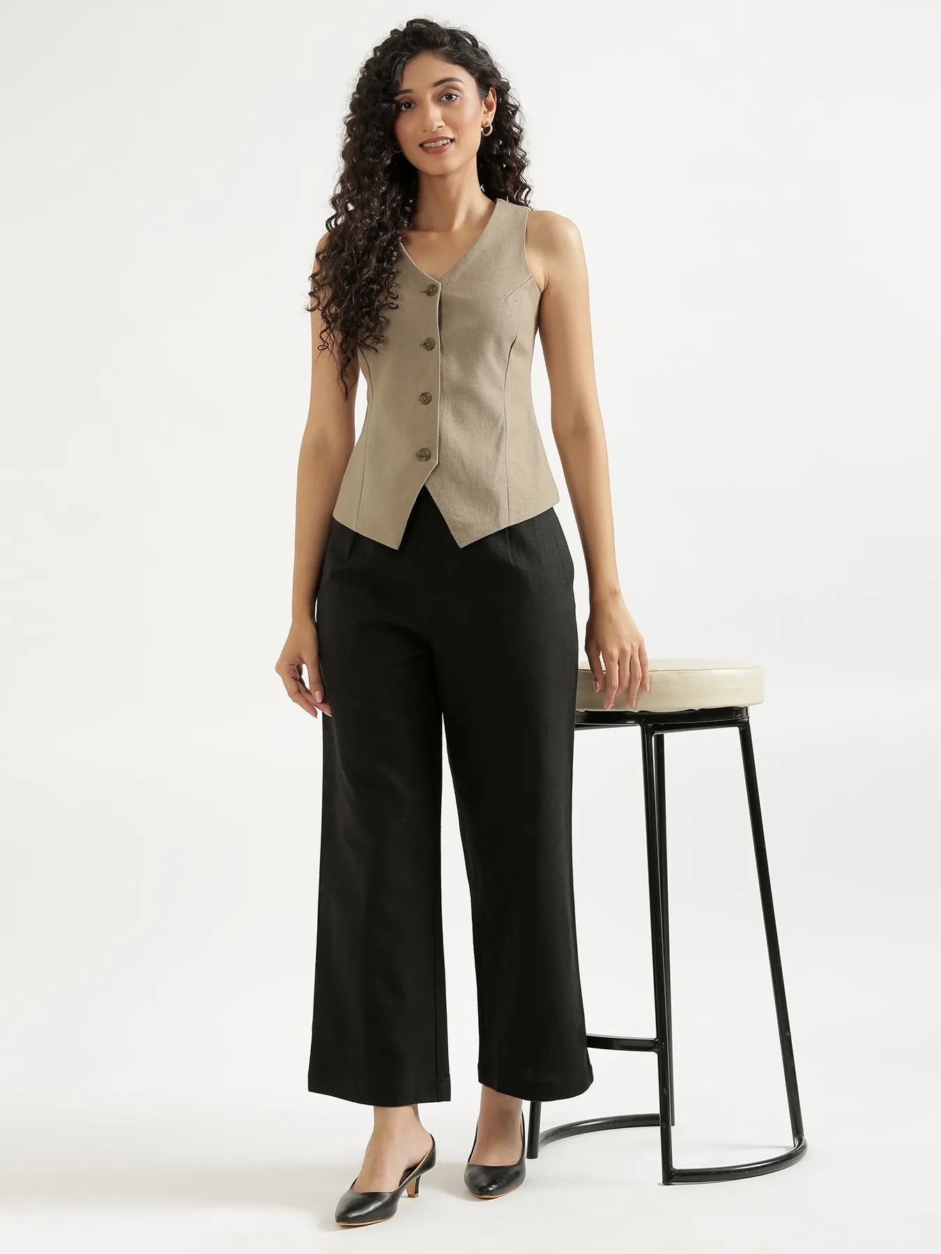 Women Black Linen Blend Wide Leg Pant