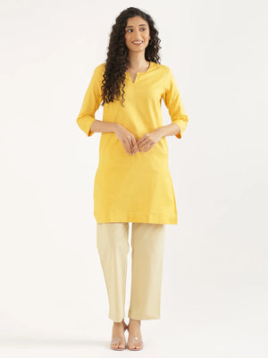 Women Yellow Airy Linen Mid Thigh Length Kurta