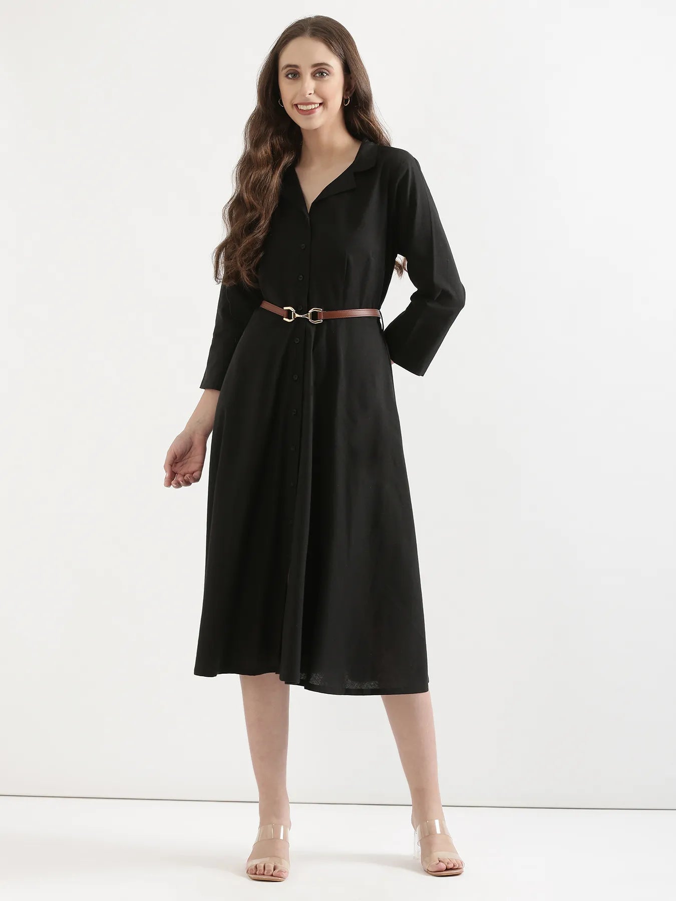 Women Black Airy Linen Flared Dress