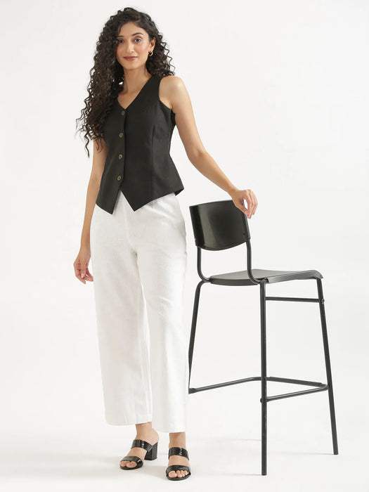 Women White Linen Blend Wide Leg Pant