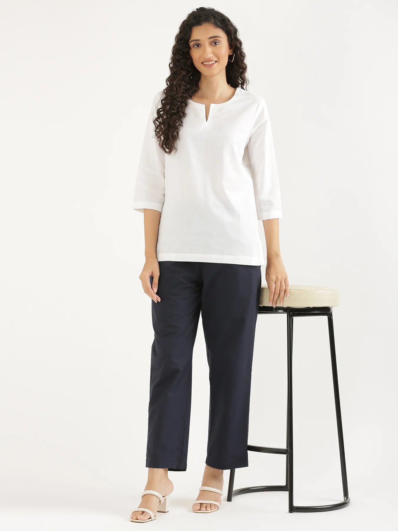 Women Navy Blue Cotton Straight Pant
