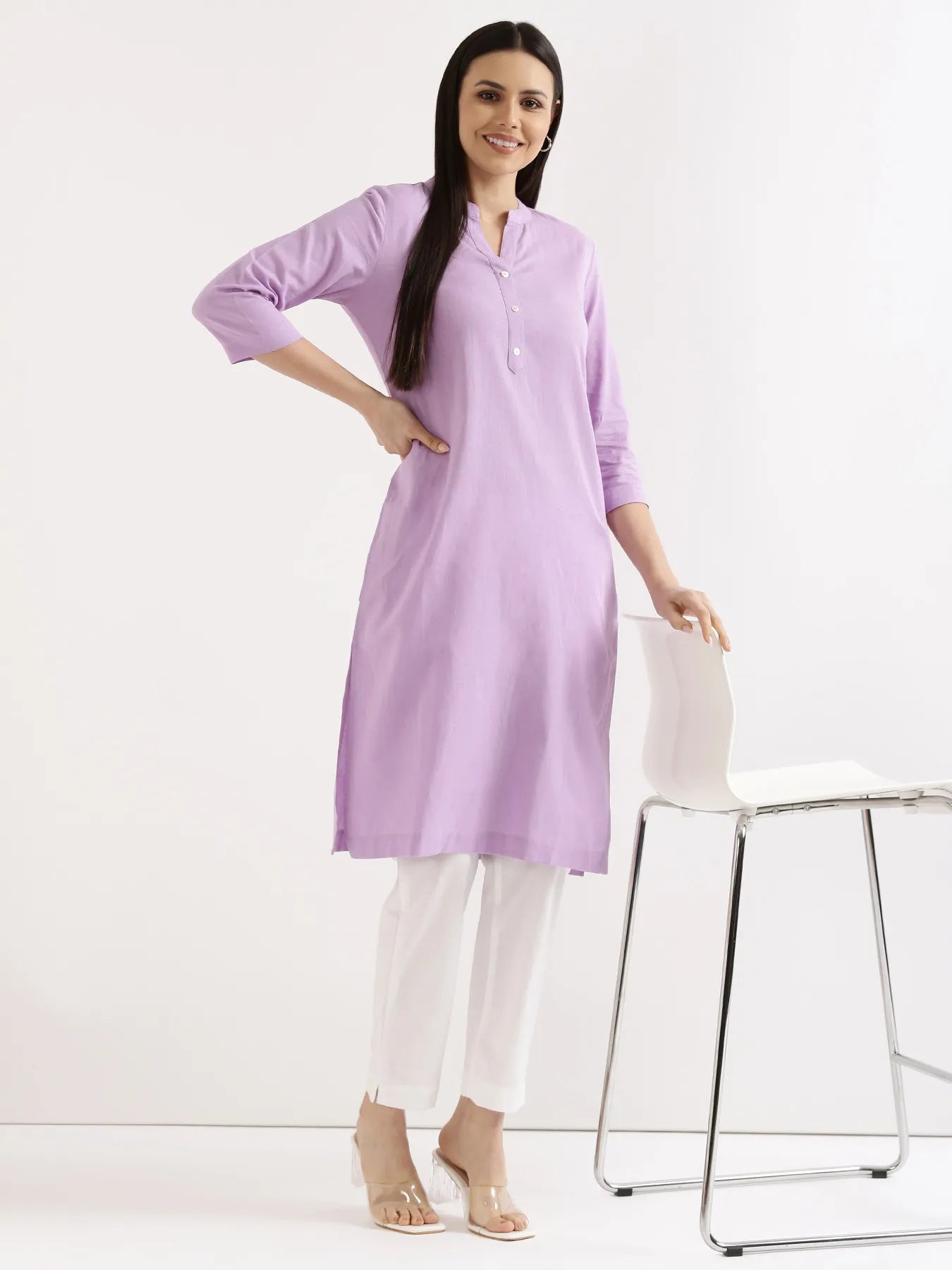 Women Lilac Airy Linen Long Kurta