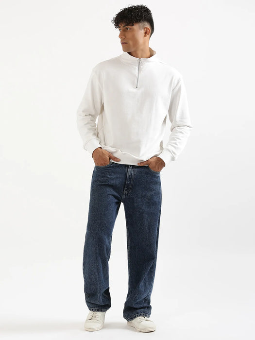 Unisex White Zip Neck Sweatshirt