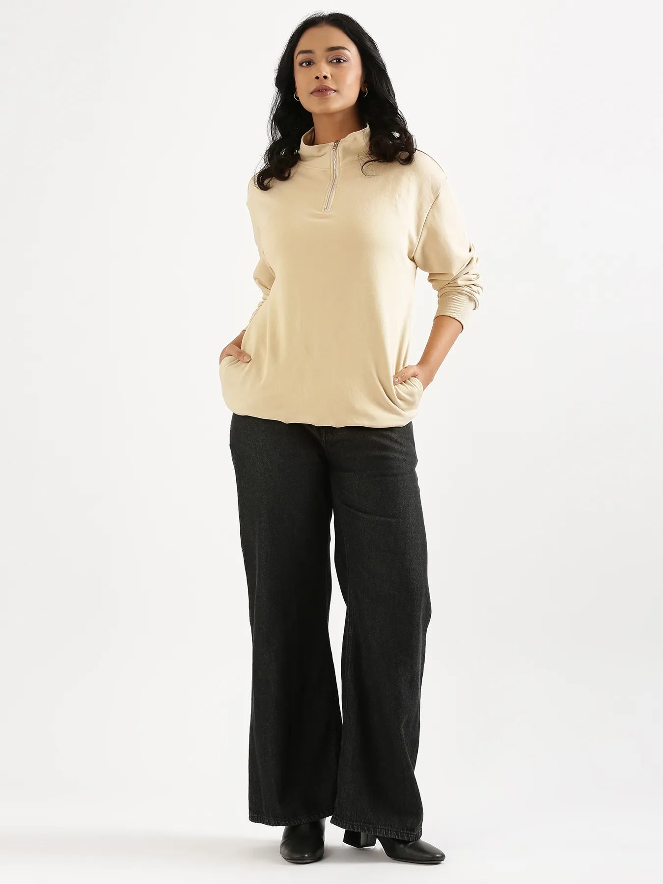 Unisex Beige Zip Neck Sweatshirt