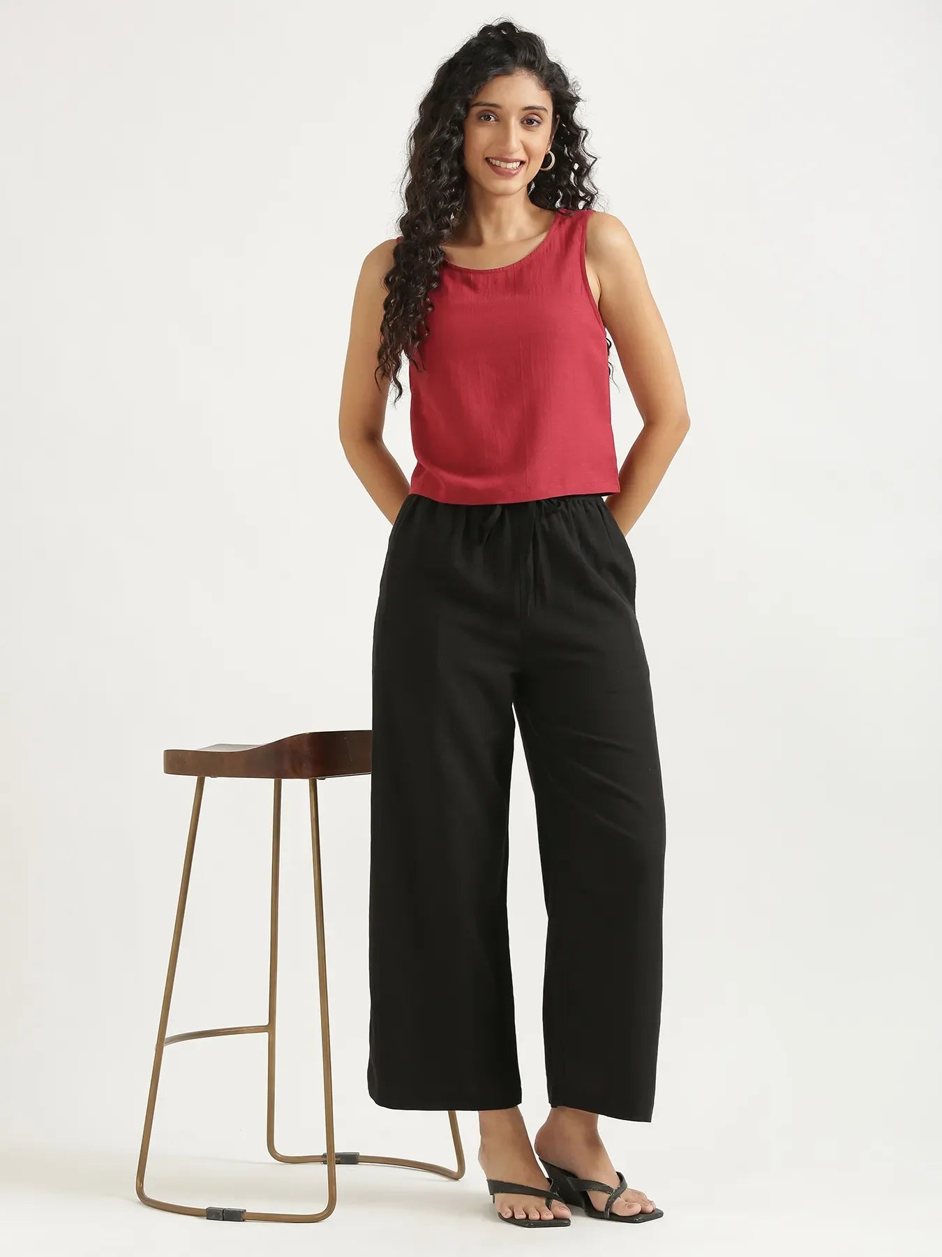 Women Black Flowy Linen Wide Leg Pants