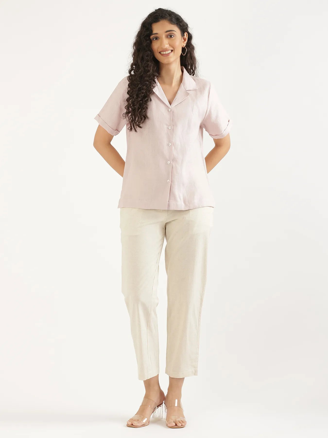 Women Light Pink Pure Linen Notch Collar Shirt