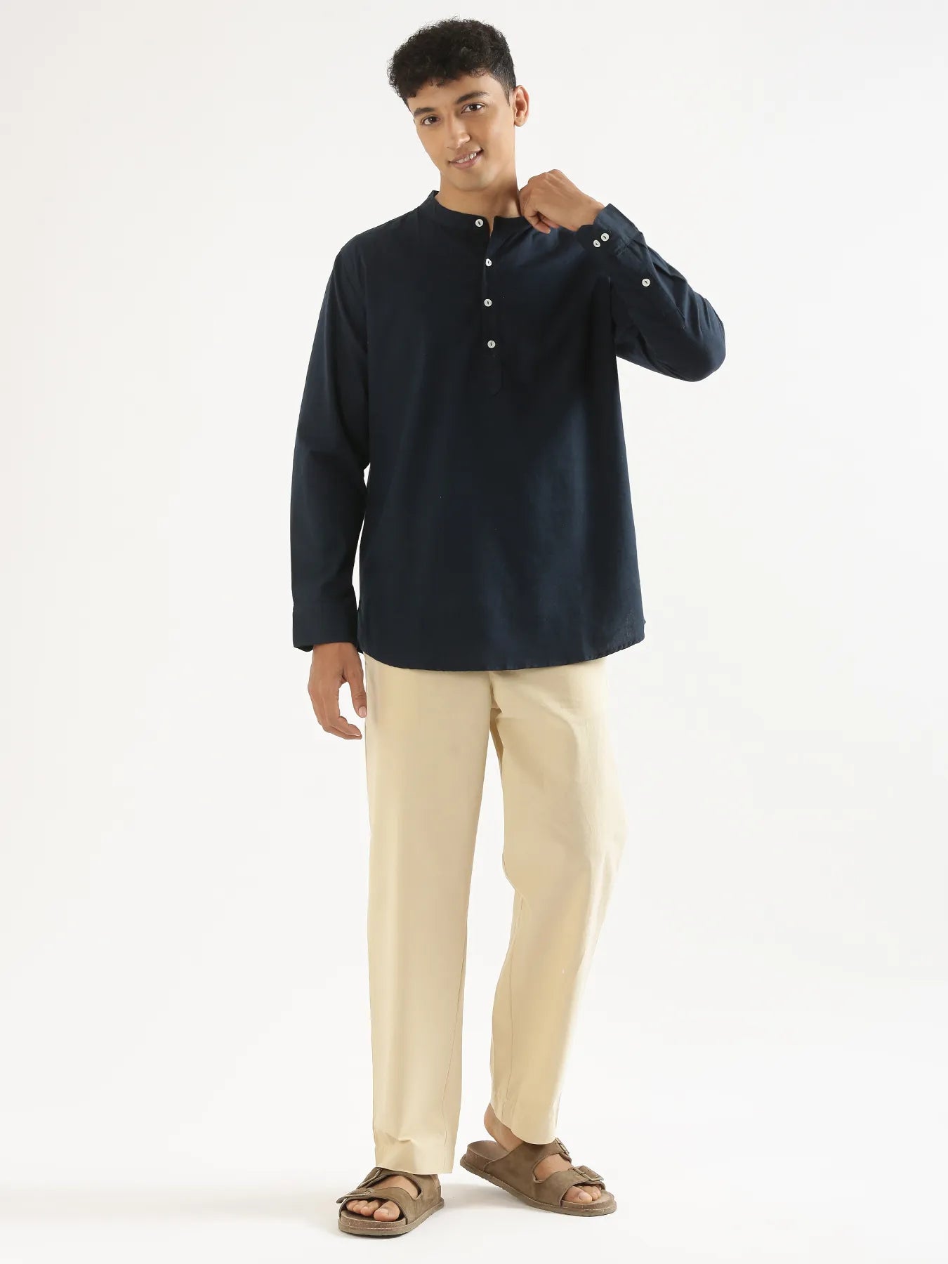 Men Navy Blue Airy Linen Short Kurta