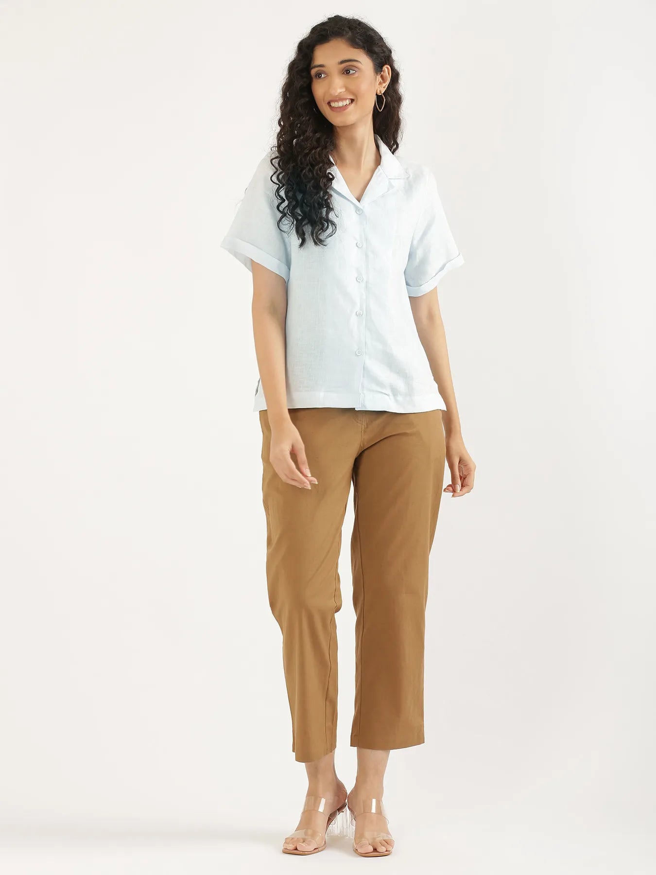 Women Light Blue Pure Linen Notch Collar Shirt