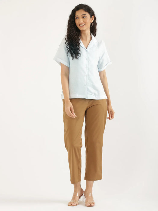 Women Light Blue Pure Linen Notch Collar Shirt