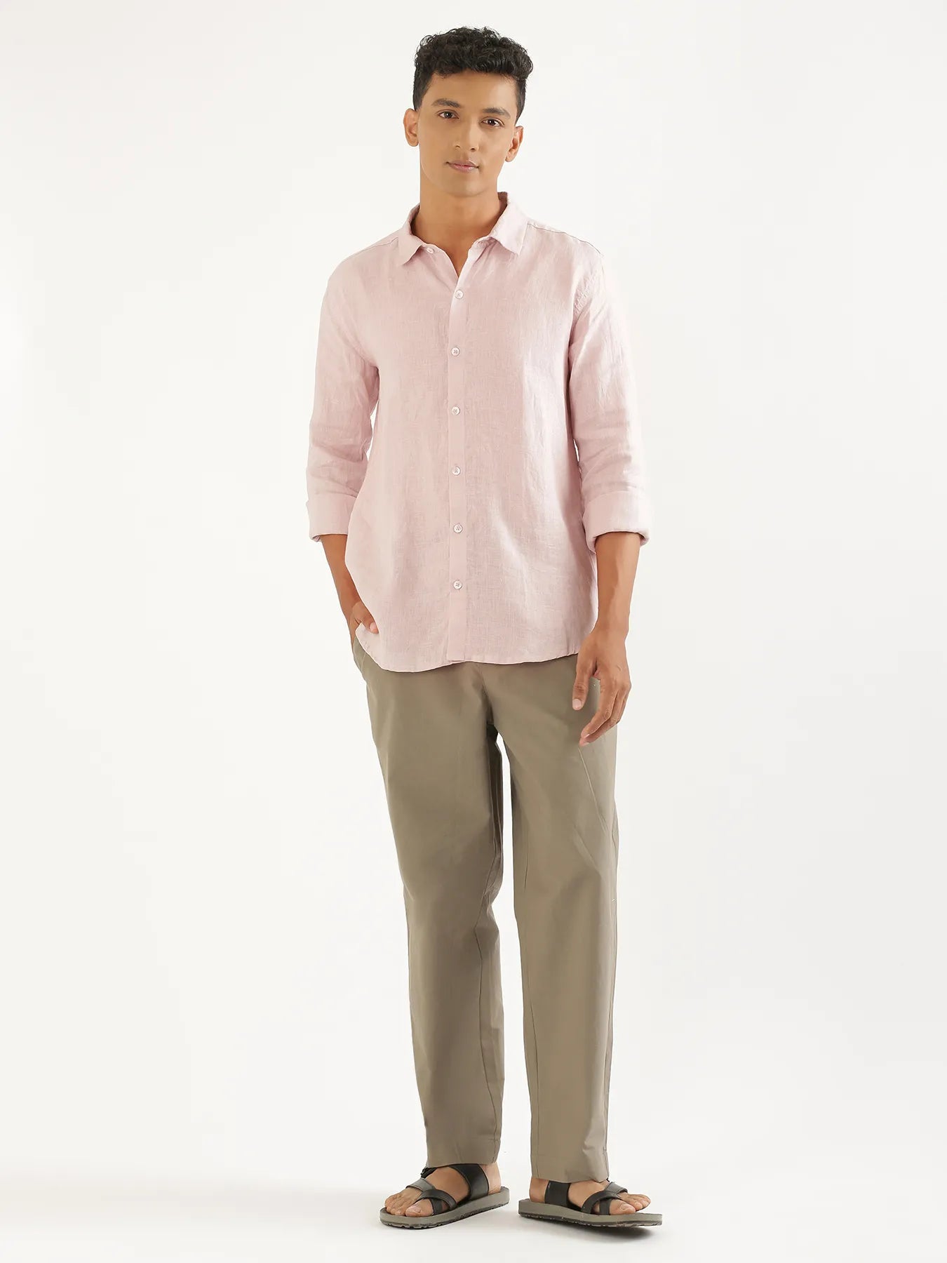 Men Light Pink Pure Linen Full Sleeve Shirt