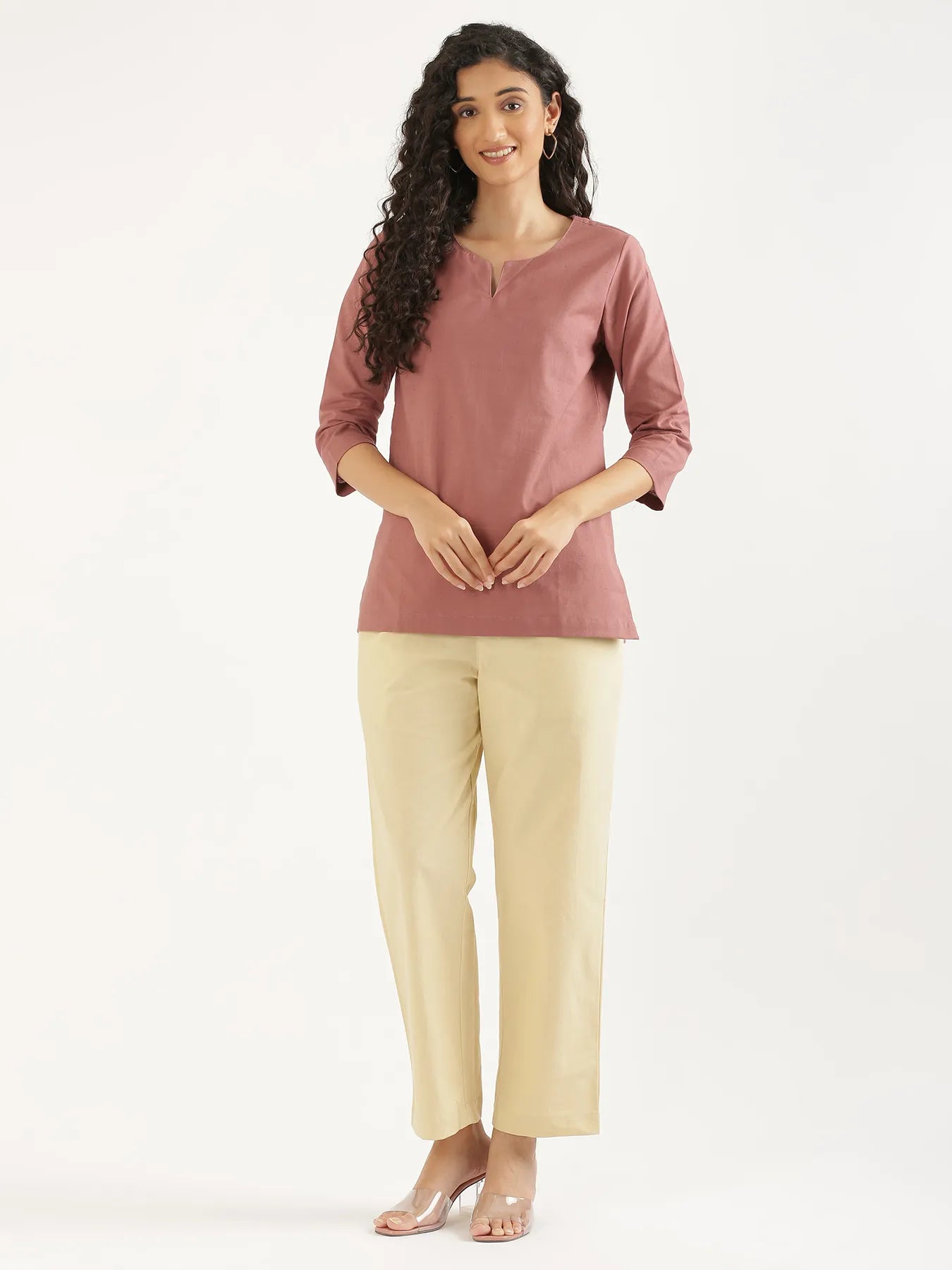 Women Rose Taupe Airy Linen Split Neck Short Kurta
