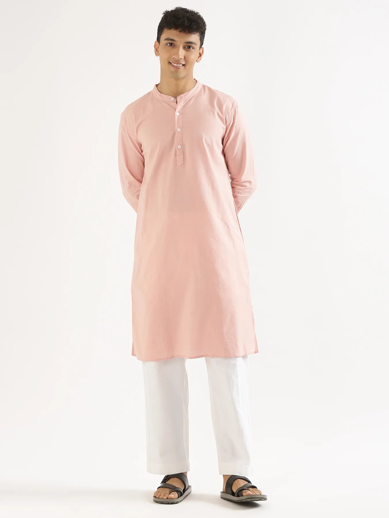 Men Salmon Pink Airy Linen Long Kurta