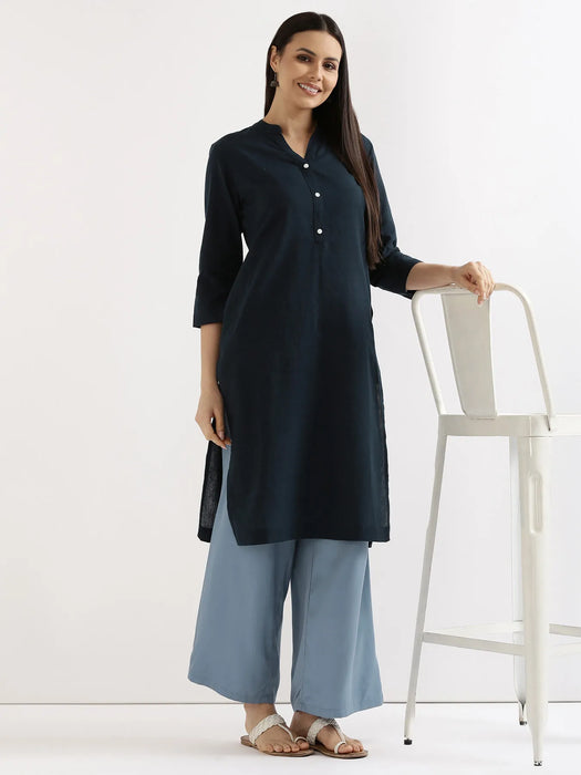 Women Navy Blue Airy Linen Long Kurta & English Blue Viscose Palazzo Pant Set