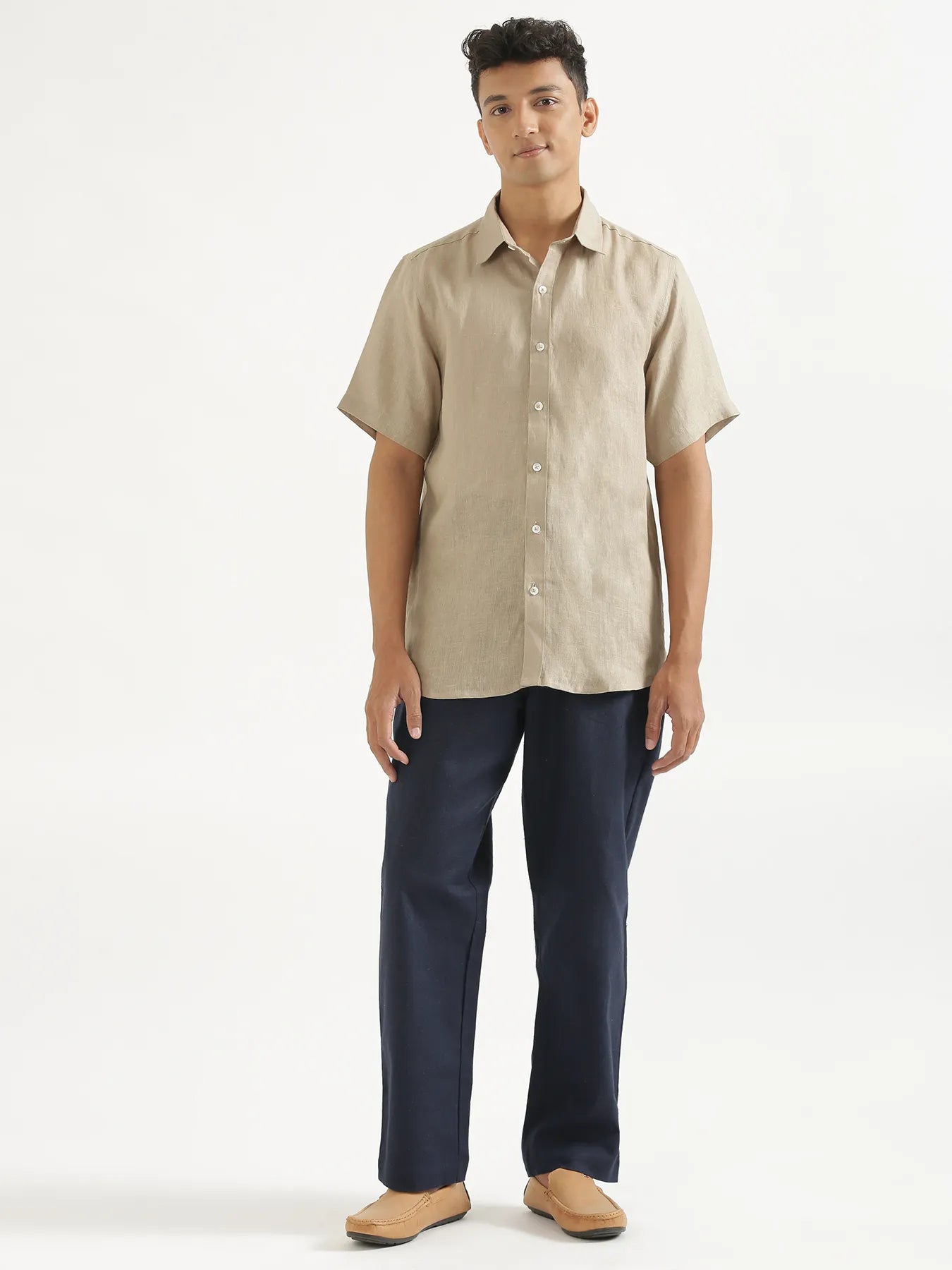 Men Navy Blue Linen Blend Straight Pant