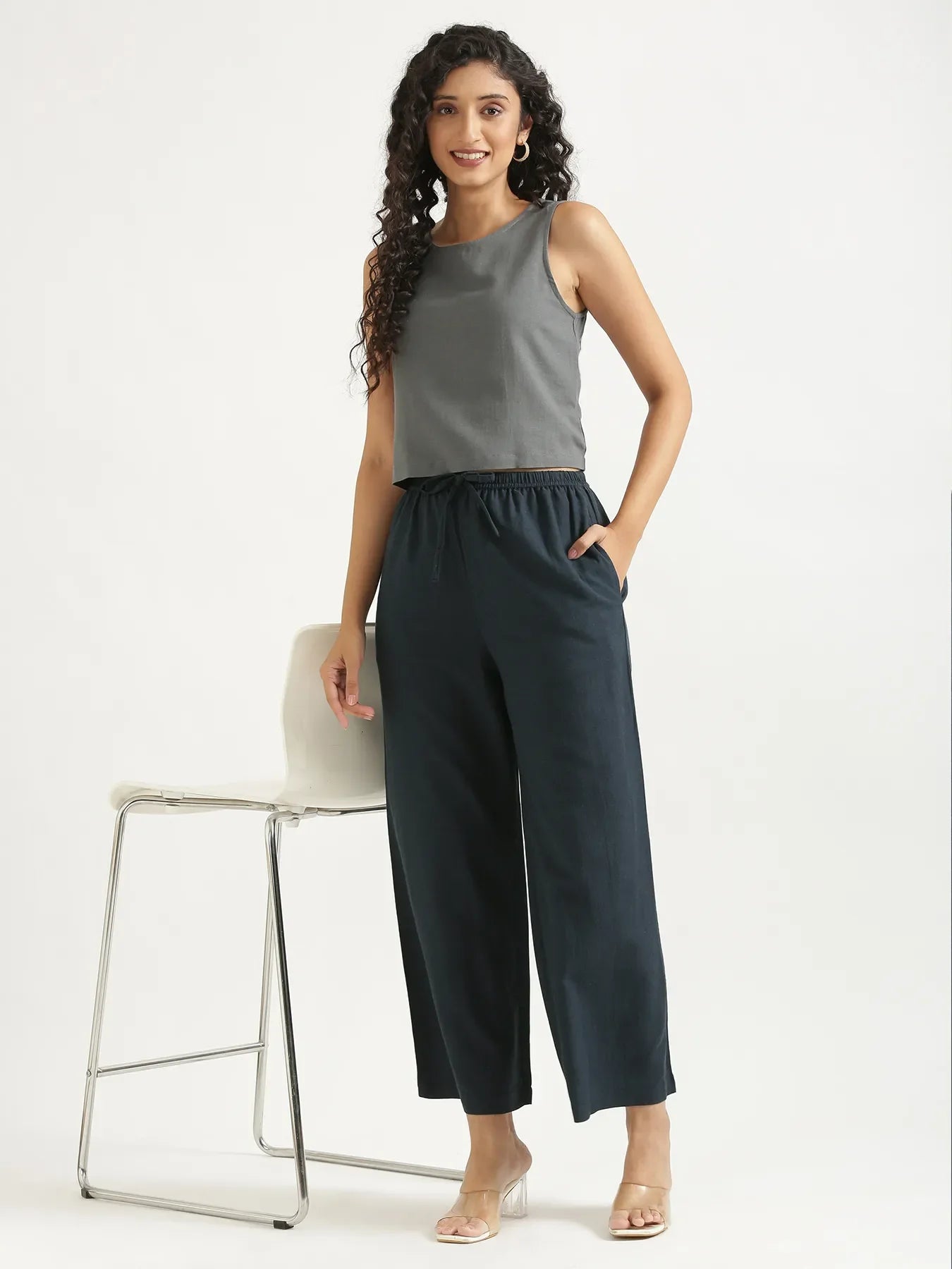 Women Navy Blue Flowy Linen Wide Leg Pants