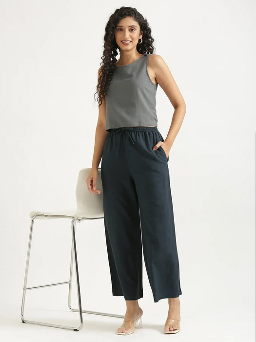 Women Navy Blue Flowy Linen Wide Leg Pants