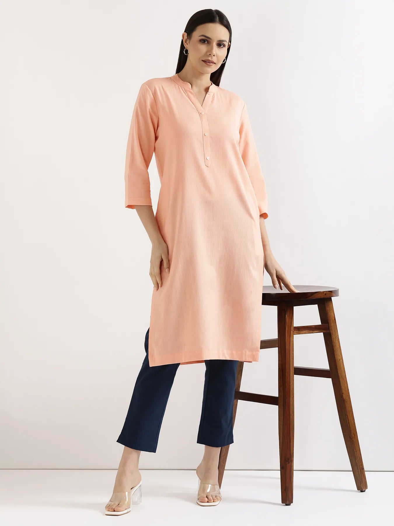 Women Peach Airy Linen Long Kurta