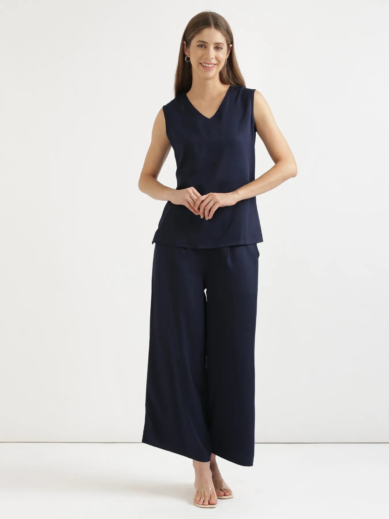 Women Navy Blue V-Neck Sleeveless Top