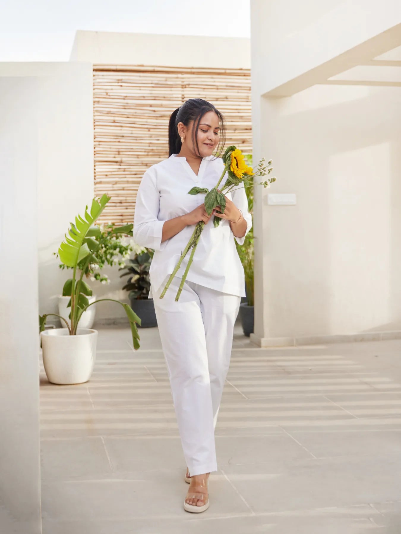 White Short Kurta with White Cotton Pant