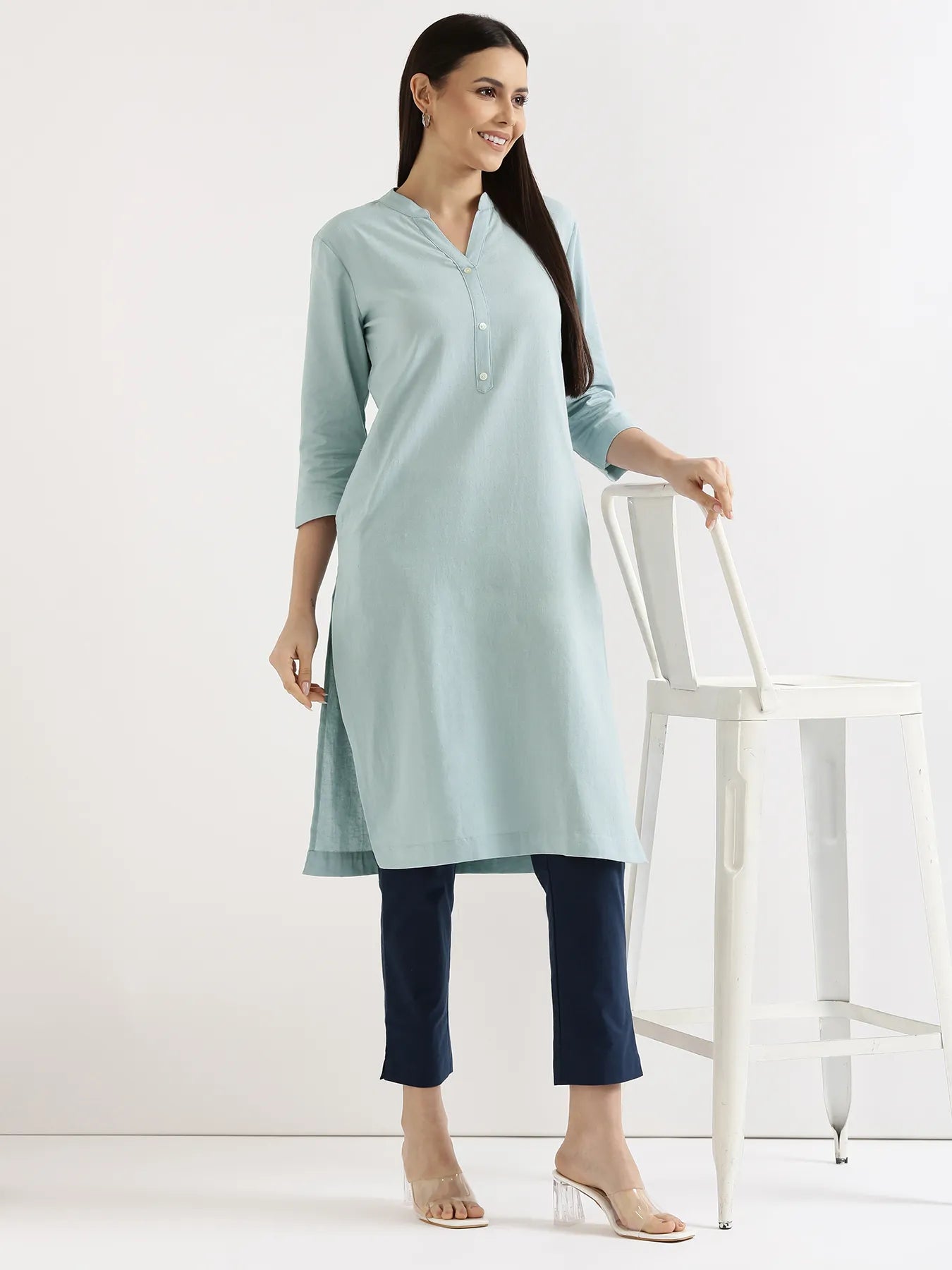 Women Sky Blue Airy Linen Long Kurta