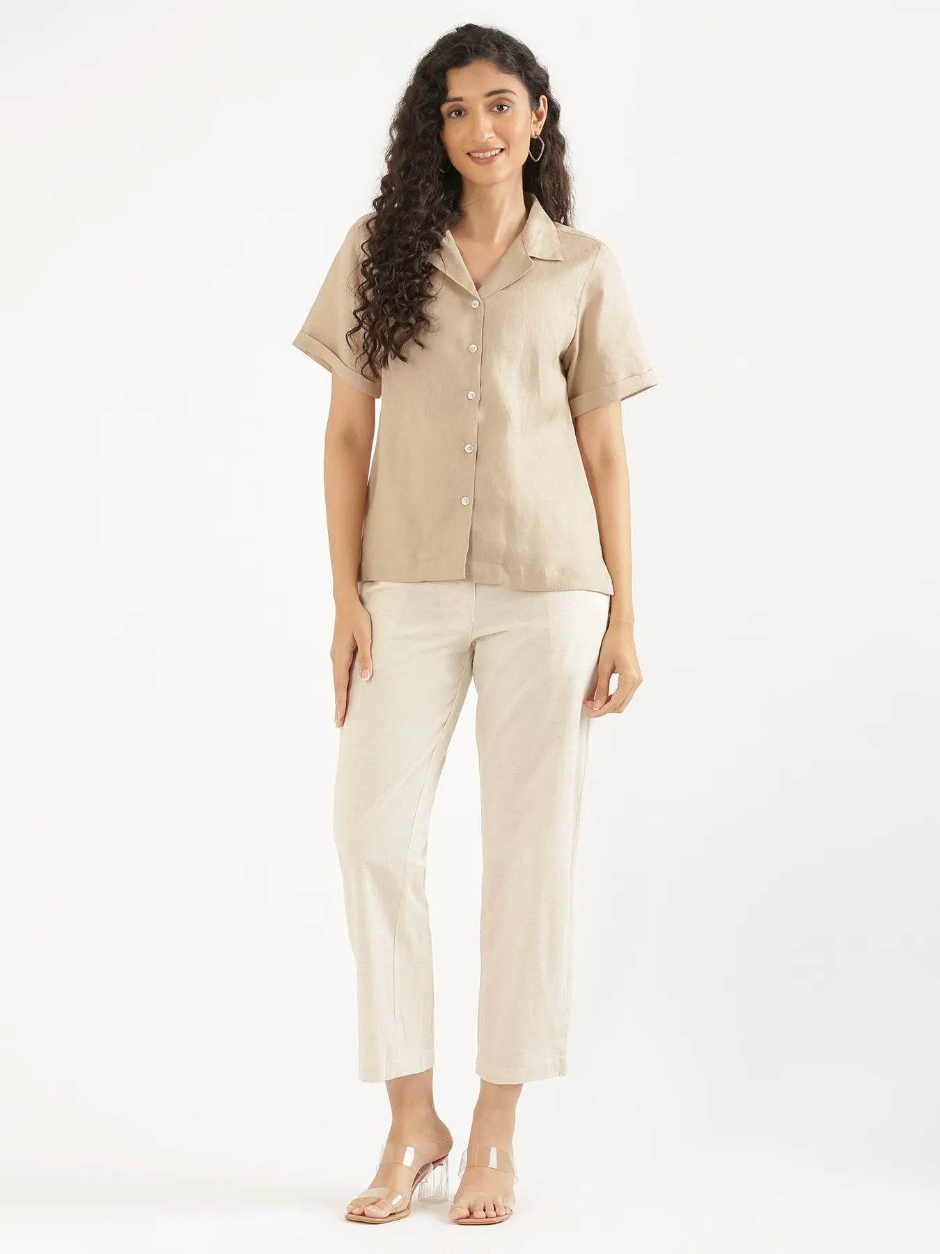 Women Taupe Pure Linen Notch Collar Shirt